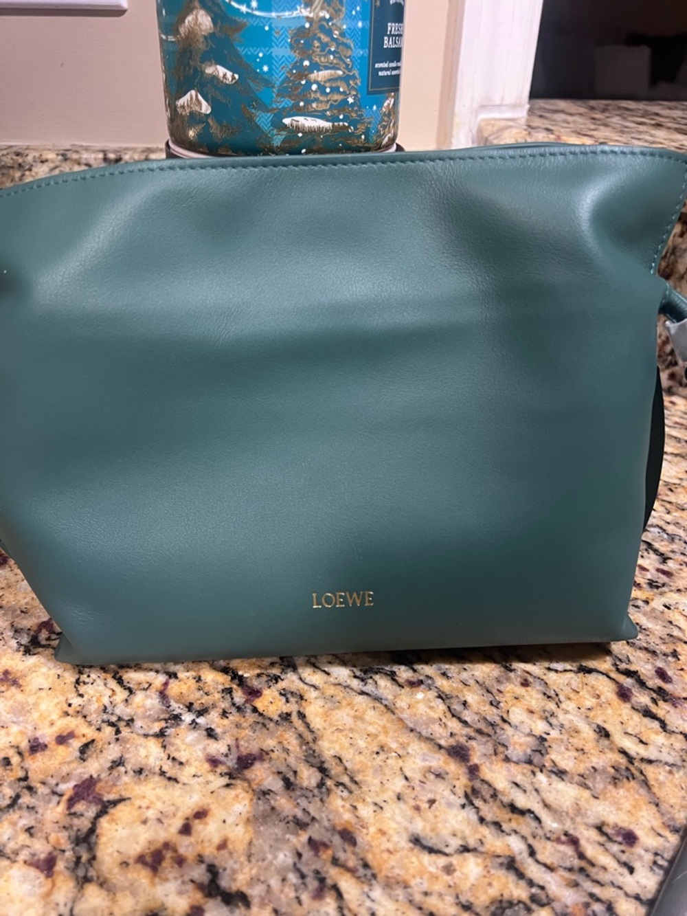 Loewe  Green Smooth Leather Cosmetic Pouch with Gold Logo